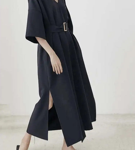 Women Black Brief Belted Elegant Big Size Dress New V-Neck Three-quarter Sleeve Fashion Tide Spring Autumn 2025 1DH6206