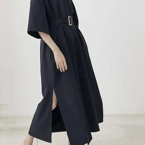 Load image into Gallery viewer, Women Black Brief Belted Elegant Big Size Dress New V-Neck Three-quarter Sleeve Fashion Tide Spring Autumn 2025 1DH6206
