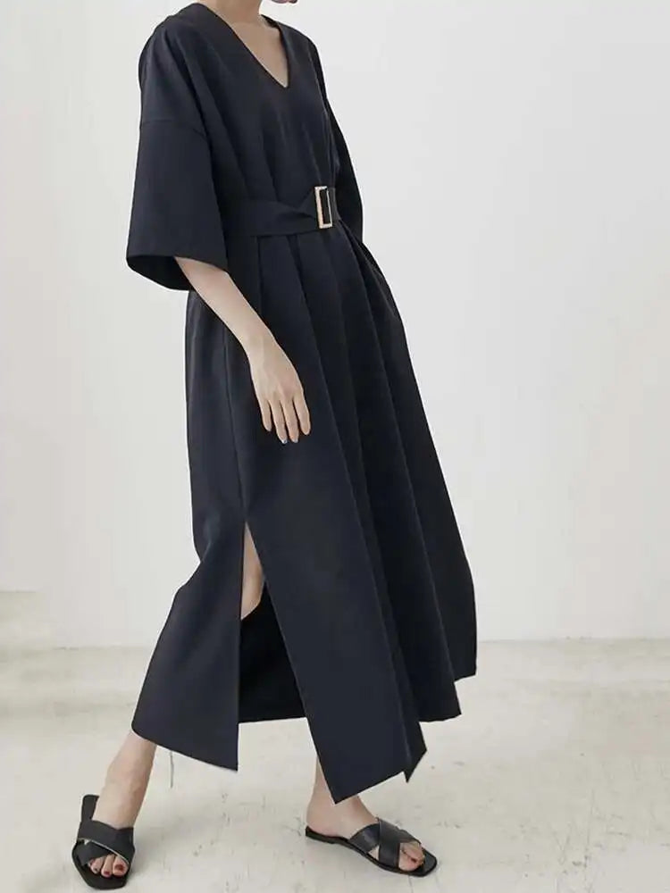 Women Black Brief Belted Elegant Big Size Dress New V-Neck Three-quarter Sleeve Fashion Tide Spring Autumn 2025 1DH6206