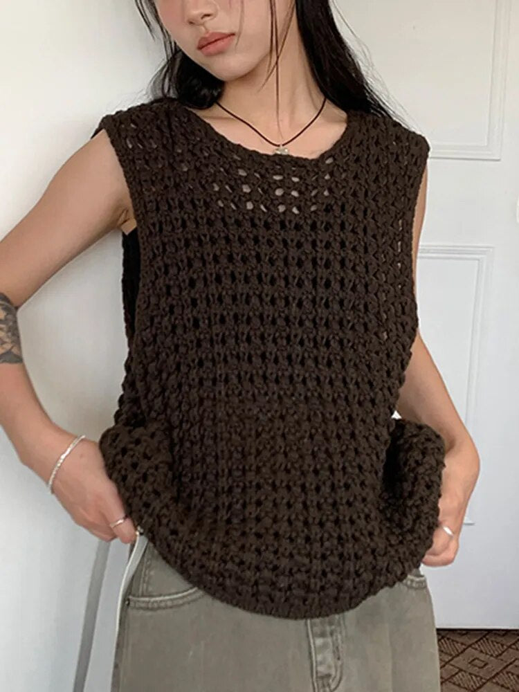 Hollow Out Knitting Pullover Sweaters For Women Round Neck Sleeveless Loose Casual Vests Female Fashion Clothing