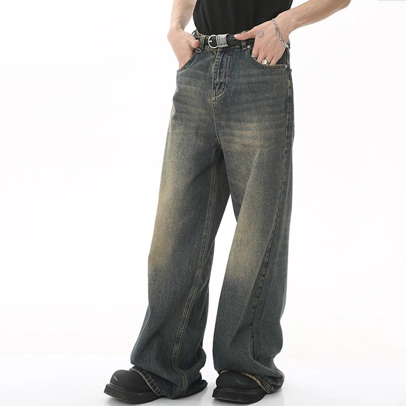 Summer Men's Denim Pants Old Blue Washed Male Jeans Straight Casual Menwear Loose Wide Leg Trousers Fashion 9C354