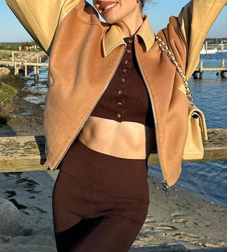 Fashion Vintage Winter Jacket Women PU Leather Patchwork Streetwear Warm Autumn Coat Zip Up Contrast Outwear Jackets