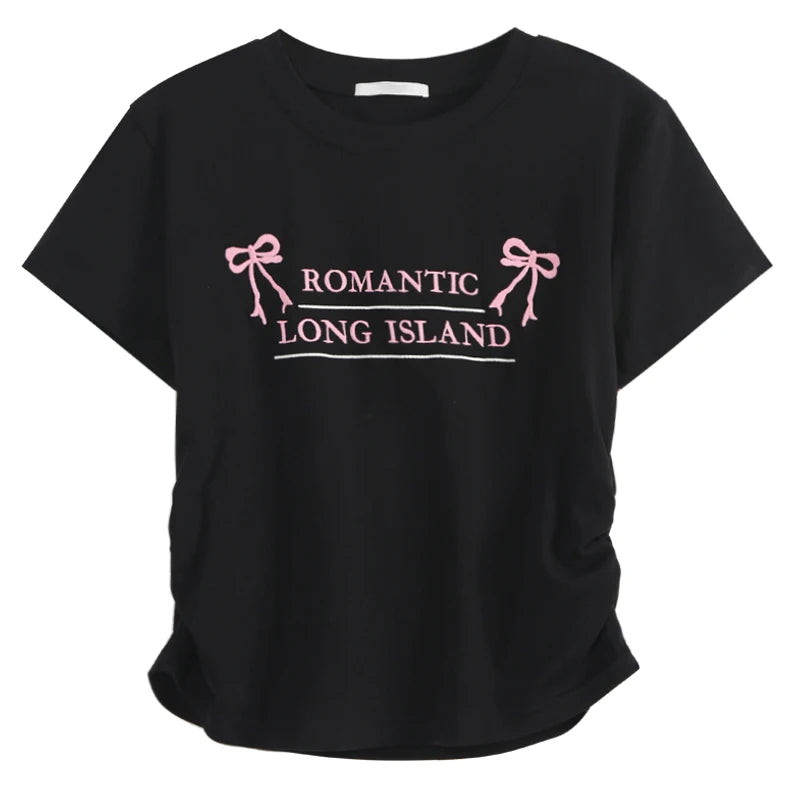 Short Sleeve Y2k Tops Tshirts for Women Embroidery Butterfly O-neck Summer Tees Crop T Shirts Tunic Folds Casual Fashion T-shirt