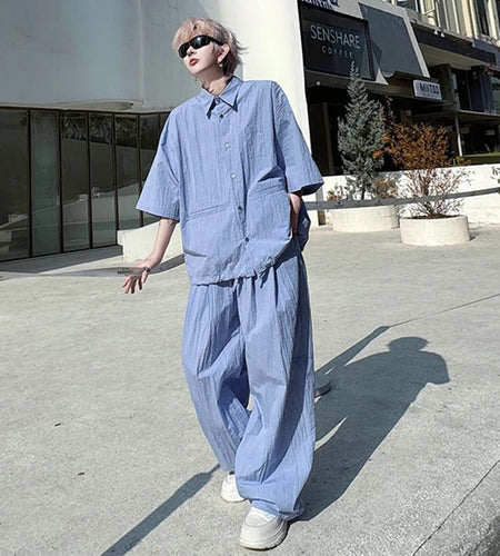 Men's Set New Summer Solid Color Wrinkled Short Sleeve Single Breasted Shirt Male Casual Elastic Waist Pants 9W1491