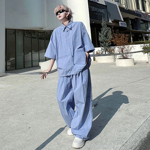 Load image into Gallery viewer, Men's Set New Summer Solid Color Wrinkled Short Sleeve Single Breasted Shirt Male Casual Elastic Waist Pants 9W1491
