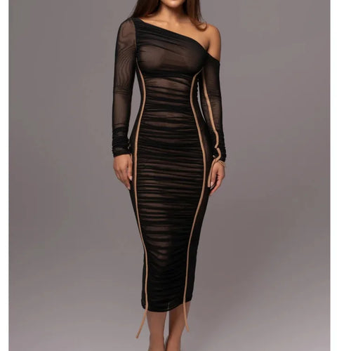 Load image into Gallery viewer, Elegant Long Sleeved Mesh Patchwork Dress For Women Elastic Tight Double Layered Vestidos Sheath Party Evening Dress2024
