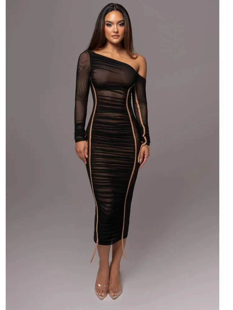 Elegant Long Sleeved Mesh Patchwork Dress For Women Elastic Tight Double Layered Vestidos Sheath Party Evening Dress2024