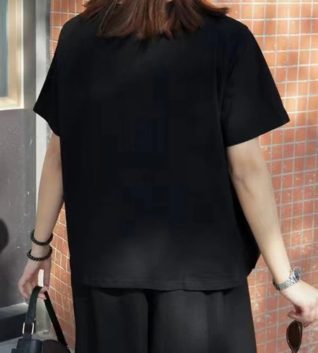 Women Black Dot Jacquard Big Size Casual T-shirt New Round Neck Short Sleeve Fashion Tide Spring Summer 2025 1DJ1342