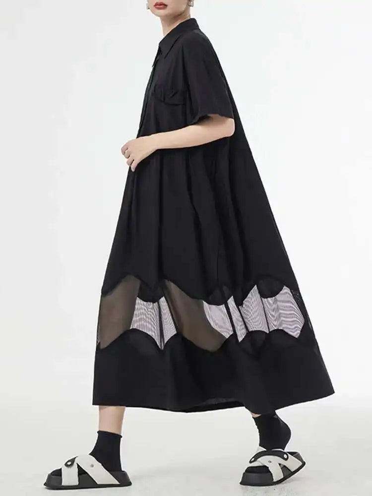 Women Blue Perspective Big Size Shirt Dress New Lapel Short Sleeve Loose Fit Fashion Tide Spring Summer 2025 1DF8791