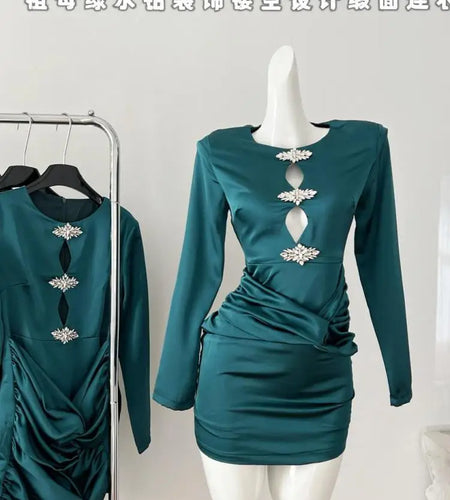 Autumn 2024 Green Diamond Elegant Wrap Hip Pleated Short Dress Women Round Neck Sexy Hollow Out Festival Party Evening Dress New