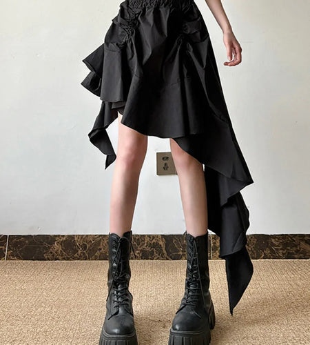 High Elastic Waist Black Irregular Design Ruffles Mini Half-body Skirt Women Fashion Tide New Spring Autumn 2025 1DJ0530