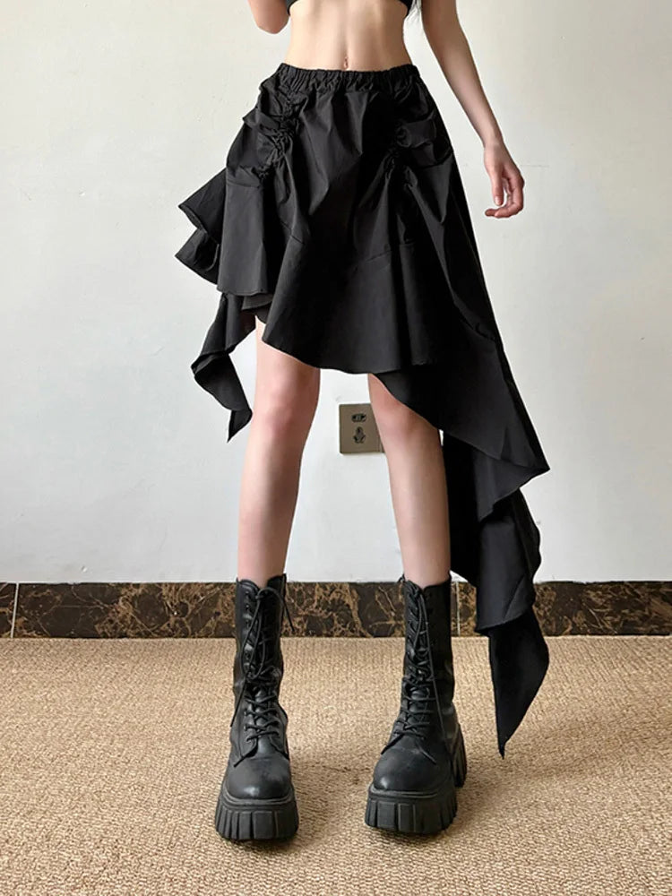 High Elastic Waist Black Irregular Design Ruffles Mini Half-body Skirt Women Fashion Tide New Spring Autumn 2025 1DJ0530