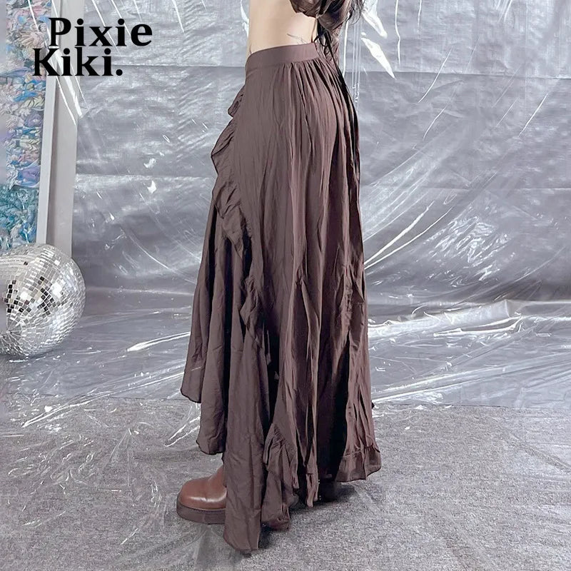 Trashy Y2k 2000s Retro Long Skirt Lace Up Ruffled Asymmetrical Maxi Skirts for Womans Clothing Fairy Grunge P85-GZ26