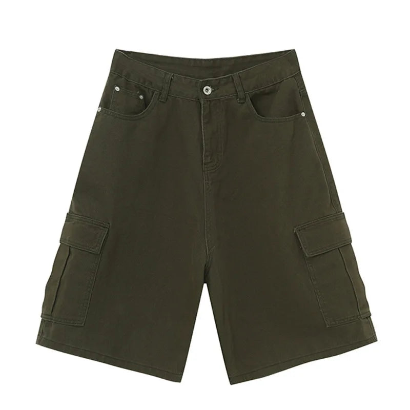 Summer New Trendy Men's Denim Shorts Retro Washed Wide Leg Short Jeans Straight Solid Color Male Casual Bottoms 9C6402