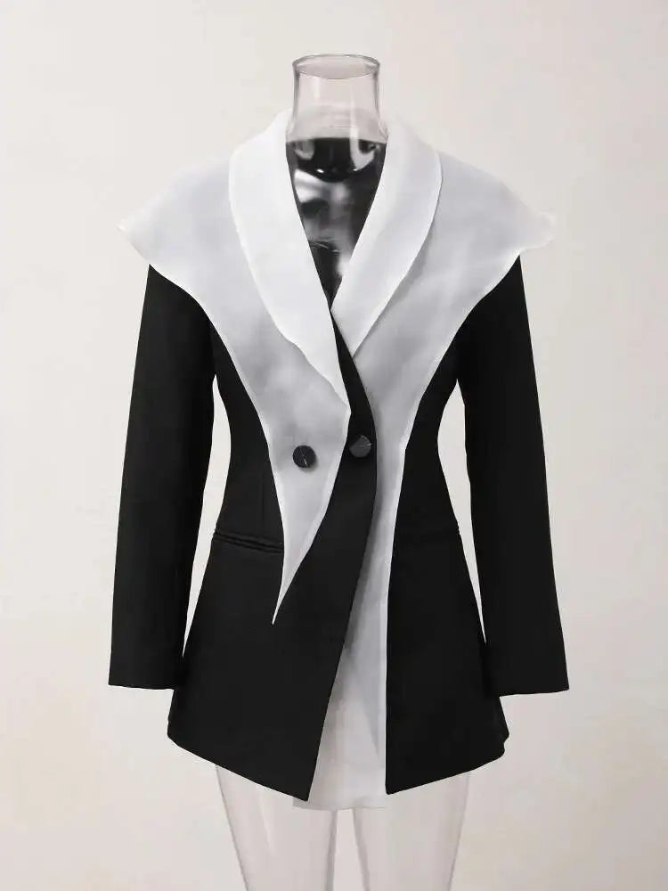 Women White Black Color-block Chiffon Elegant Blazer New Lapel Long Sleeve Jacket Fashion Tide Spring Autumn 2025 CPDB137
