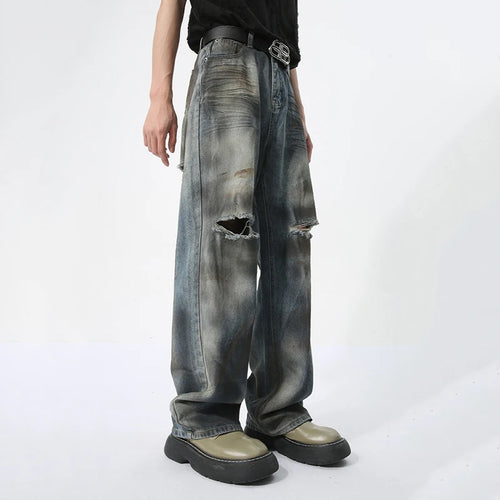 Load image into Gallery viewer, Men&#39;s Shredded Jeans Casual Retro Style Dirty Fashion Hole Design Loose Straight Wide Leg Pants Summer 9C5740
