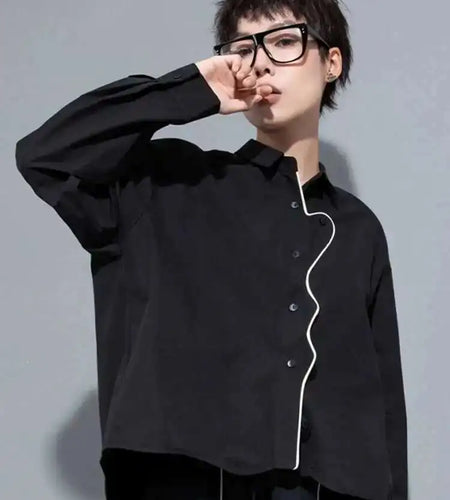 Women Black Color-block Big Size Blouse New Lapel Long Sleeve Loose Fit Shirt Fashion Tide Spring Autumn 2025 1DH0843