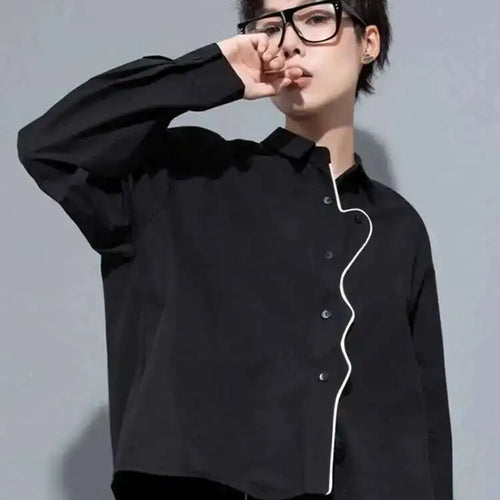 Load image into Gallery viewer, Women Black Color-block Big Size Blouse New Lapel Long Sleeve Loose Fit Shirt Fashion Tide Spring Autumn 2025 1DH0843
