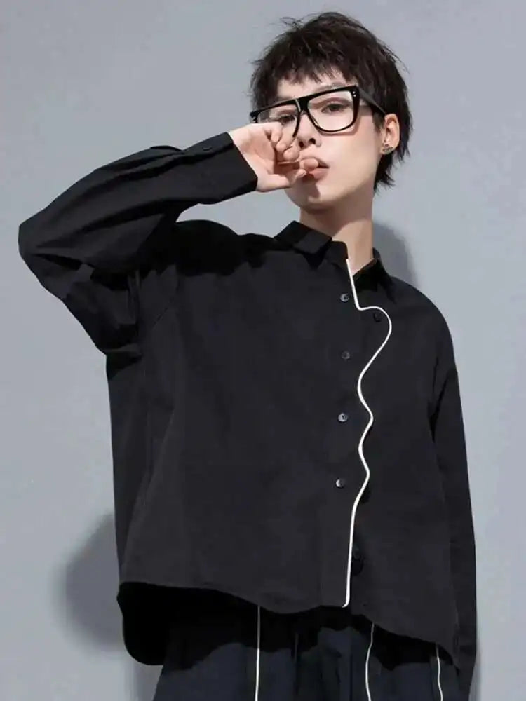 Women Black Color-block Big Size Blouse New Lapel Long Sleeve Loose Fit Shirt Fashion Tide Spring Autumn 2025 1DH0843