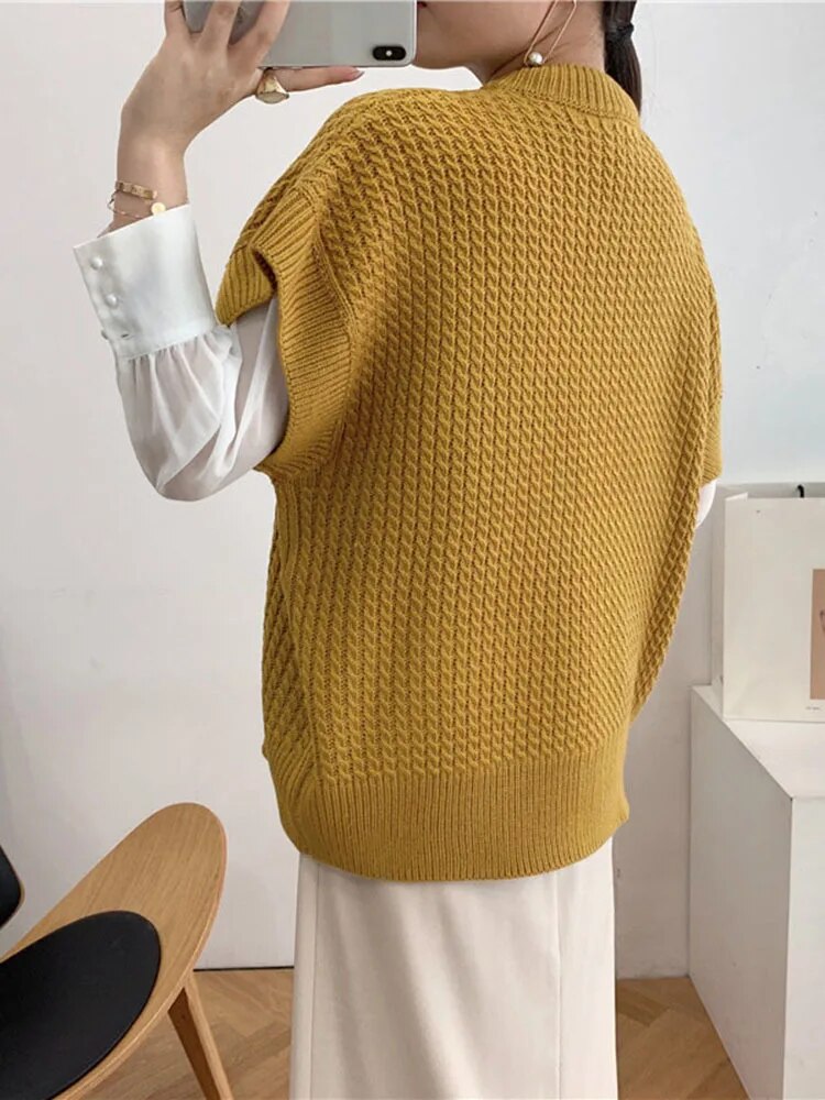 Knitting Minimalist Waistcoats For Women Round Neck Sleeveless Pullover Casual Loose Waistcoat Female Fashion