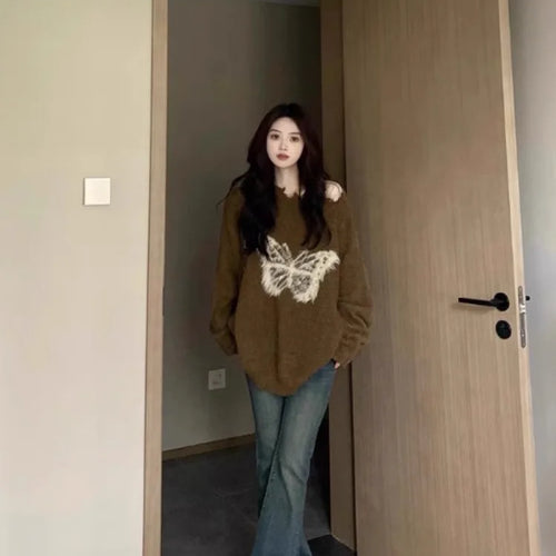 Load image into Gallery viewer, Sweet Y2k Aesthetic Grunge Butterfly Hole Sweaters Oversized Long Casual Harajuku Jumpers Fashion Ins Knitted Women Pullovers
