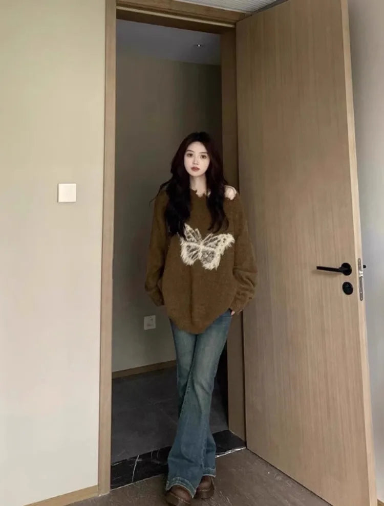 Sweet Y2k Aesthetic Grunge Butterfly Hole Sweaters Oversized Long Casual Harajuku Jumpers Fashion Ins Knitted Women Pullovers