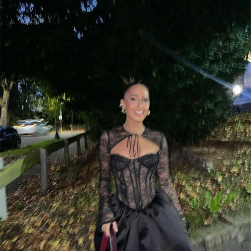 Load image into Gallery viewer, Black Lace Puffball Sexy Mini Dress For Women Fashion Lace-up Sheer Long Flare Sleeve High Waist Club Party Dress
