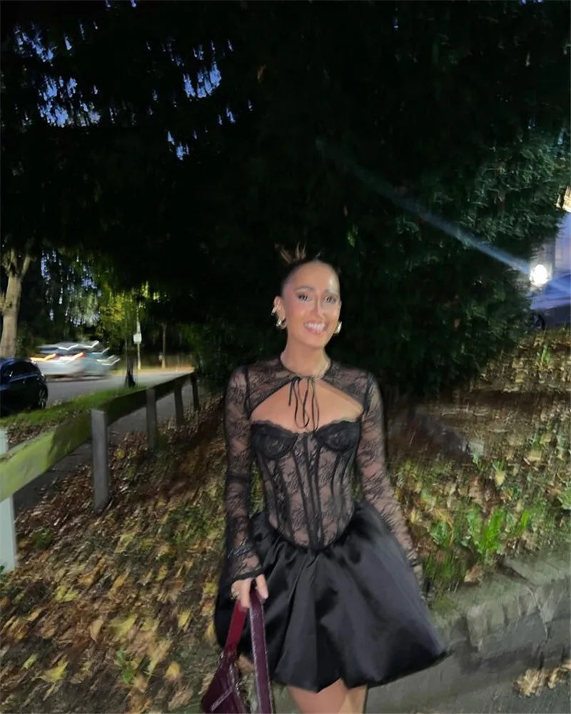 Black Lace Puffball Sexy Mini Dress For Women Fashion Lace-up Sheer Long Flare Sleeve High Waist Club Party Dress