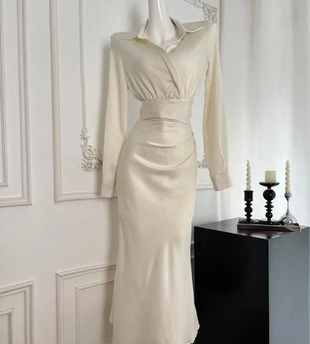 Women Autumn Winter 2024 New French Beige Single Breasted Elegant Long Sleeved Pleated Shirt And High Waist Skirt Two Piece Suit