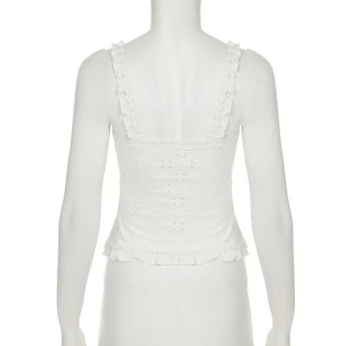 Load image into Gallery viewer, Y2K Aesthetics Hollow Out Lace Patchwork Camisole Women Summer Fold With Buttons Slimming Tops Cute Frill Trim Design
