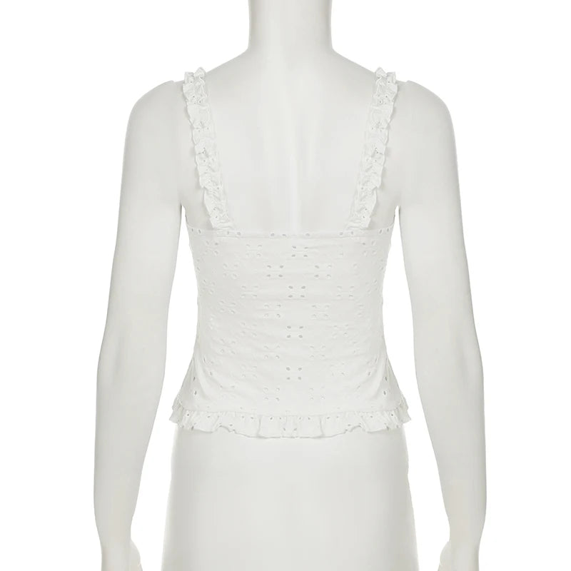 Y2K Aesthetics Hollow Out Lace Patchwork Camisole Women Summer Fold With Buttons Slimming Tops Cute Frill Trim Design