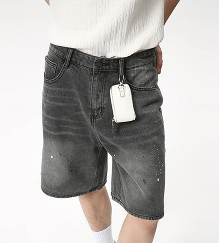Men's Jeans Knee-length Summer Fashion American Style Speckled Ink Design Loose Wide Leg Denim Shorts 9C6094
