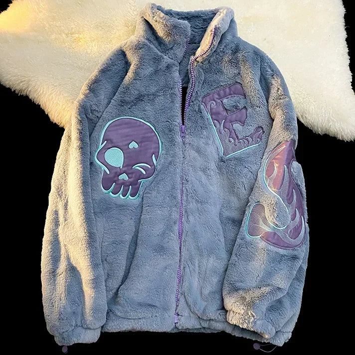 Korean Autumn Winter Women Y2k Jackets Coats 2025 Harajuku Lamb Woolen Coat Skull Embroidery Casual Loose Outwear