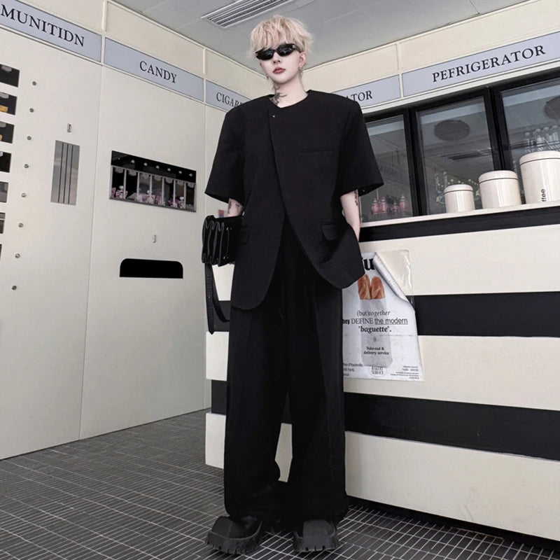 Male Suit Summer Solid Color Short Sleeve Loose Round Neck Single Breasted Men's Set Casual Straight Leg Pants 9W1493