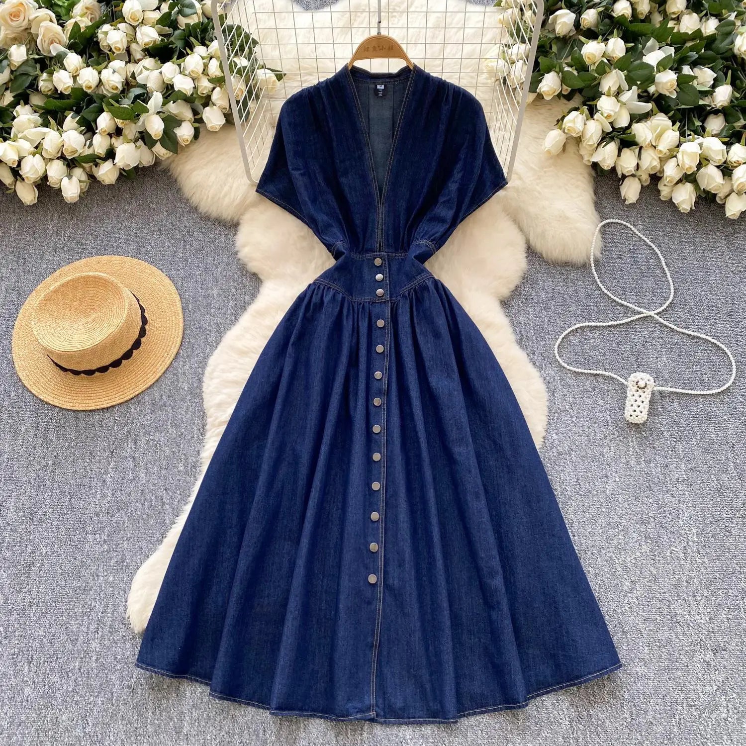 French Vintage Blue Elegant Single Breasted Short Sleeved High Waist Pleated Denim Dresses Spring Fashion V Neck Party Dress New
