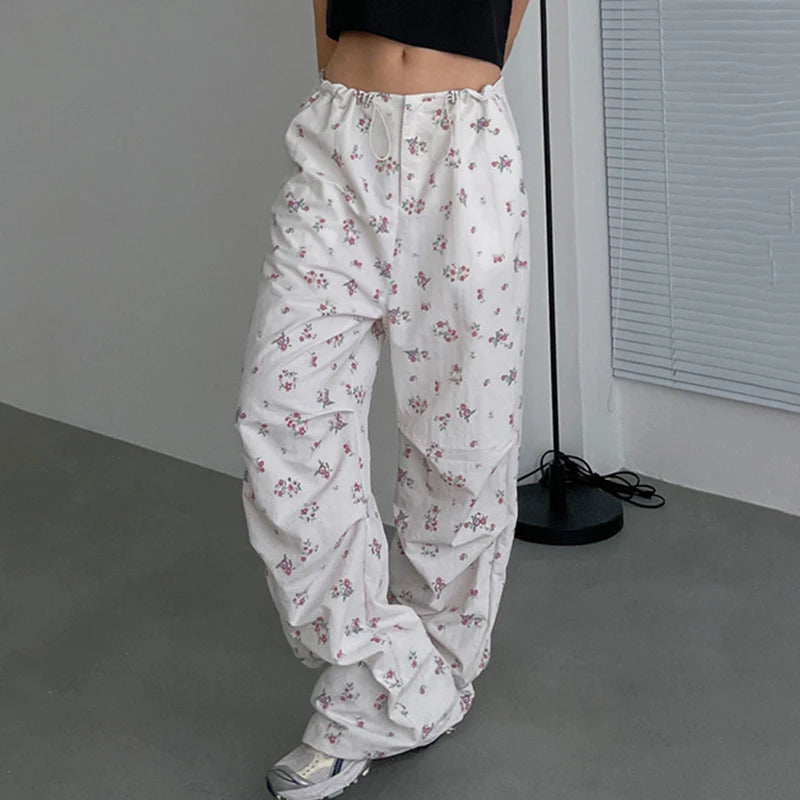Harajuku Small Flowers Printed Women Trousers Korean Fashion Drawstring Sweatpants Cute Japanese Y2K Draped Pants New