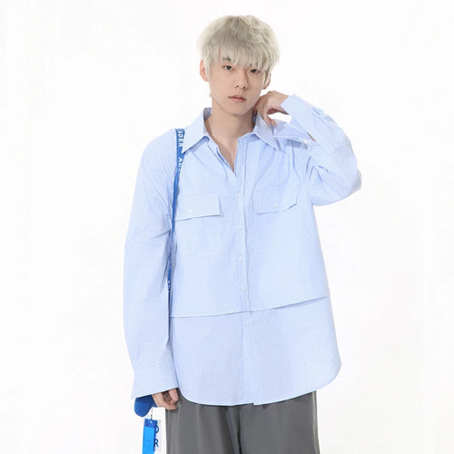 Load image into Gallery viewer, Korean Style Men's Shirts Turn-down Collar Fake Two-piece Plaid Design Long Sleeved Single Breasted Loose Male Tops 9W1262
