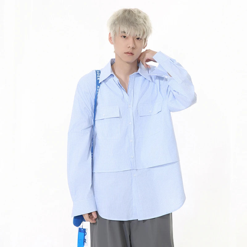 Korean Style Men's Shirts Turn-down Collar Fake Two-piece Plaid Design Long Sleeved Single Breasted Loose Male Tops 9W1262