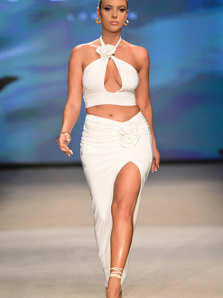 Sexy Hollow Out 3D Flowers Slim Fit Women's Sets High Slit Wrapped Hip Two Piece Suit Midi Women's Party Dress 2023