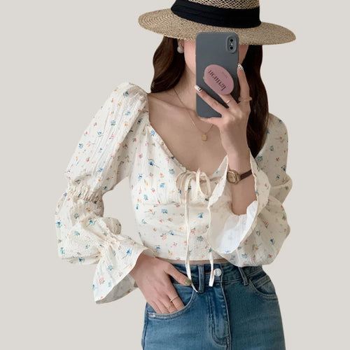 Load image into Gallery viewer, Hollow Bow Slash Neck Printed Women Blouse Spring Long Sleeve Elegant Fashion Female Streetwear Outfits Slim Chic Blouses
