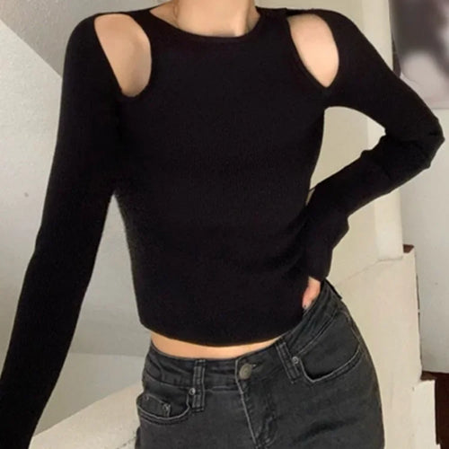 Load image into Gallery viewer, Y2k Aesthetic 2025 Spring Hollow Out T-shirts Off Shoulder Slim Long Slleeve Crop Tops Women  All Match Solid Harajuku Tees
