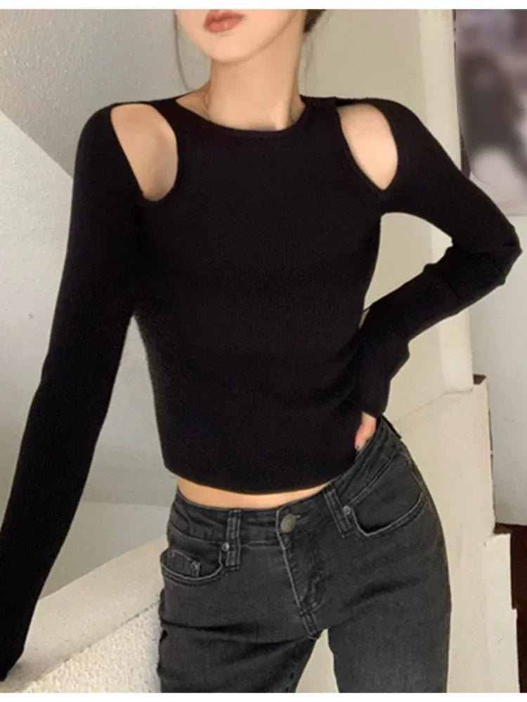 Y2k Aesthetic 2025 Spring Hollow Out T-shirts Off Shoulder Slim Long Slleeve Crop Tops Women  All Match Solid Harajuku Tees