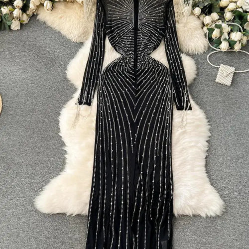 Load image into Gallery viewer, Women Black Mesh Tassel Long Sleeve Diamonds Bodycon Long Dresses Autumn Vintage Elegant Birthday Party Evening Dress French New
