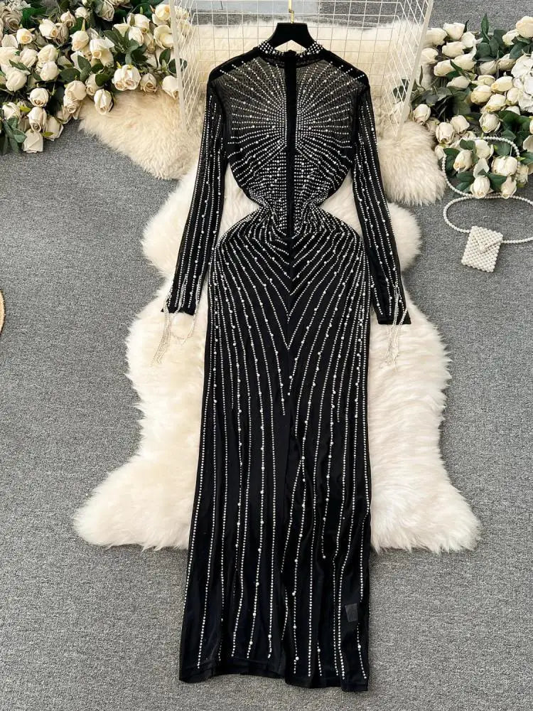 Women Black Mesh Tassel Long Sleeve Diamonds Bodycon Long Dresses Autumn Vintage Elegant Birthday Party Evening Dress French New