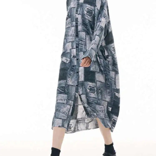 Load image into Gallery viewer, Women Blue Printed Big Size Midi Shirt Dress New Lapel Long Sleeve Loose Fit Fashion Tide Spring Autumn 2025 1DH0515
