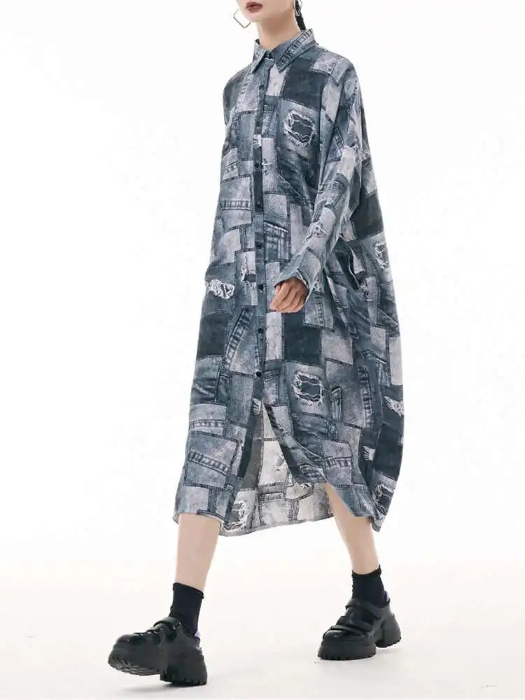 Women Blue Printed Big Size Midi Shirt Dress New Lapel Long Sleeve Loose Fit Fashion Tide Spring Autumn 2025 1DH0515