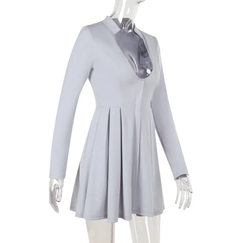Gray Long Sleeve Sexy Mini Dress Women Solid V Neck High Waist A-line Club Party Pleated Sexy Dress Elegant Clubwear