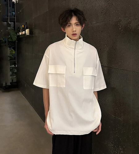 Men's Shirts Short Sleeve New Korean Stand Collar Trendy Pullover Zipper Shirts Male Clothing Summer Menwear Tide 9W1970