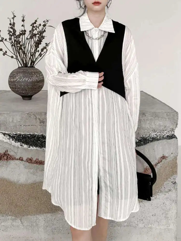 Women Black White Color-block Big Size Striped Shirt Dress New Lapel Long Sleeve Fashion Spring Autumn 2025 1DH4348
