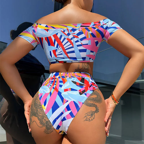 Load image into Gallery viewer, Stripe Print Bikini Set High Waist Women Swimsuit 2024 Swimwear Short Sleeves Biquini Sexy Drawstring Bathing Suit
